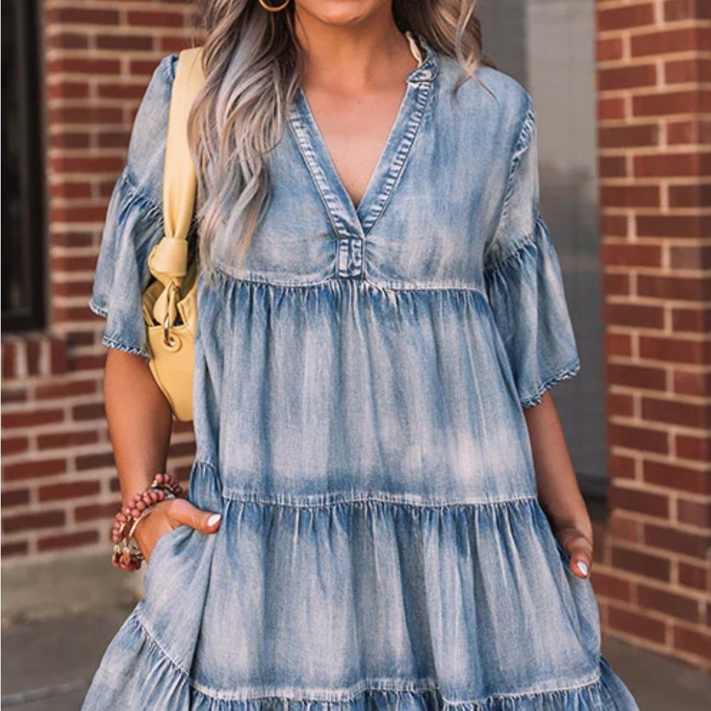 Denim Blue Mini Tiered Dress